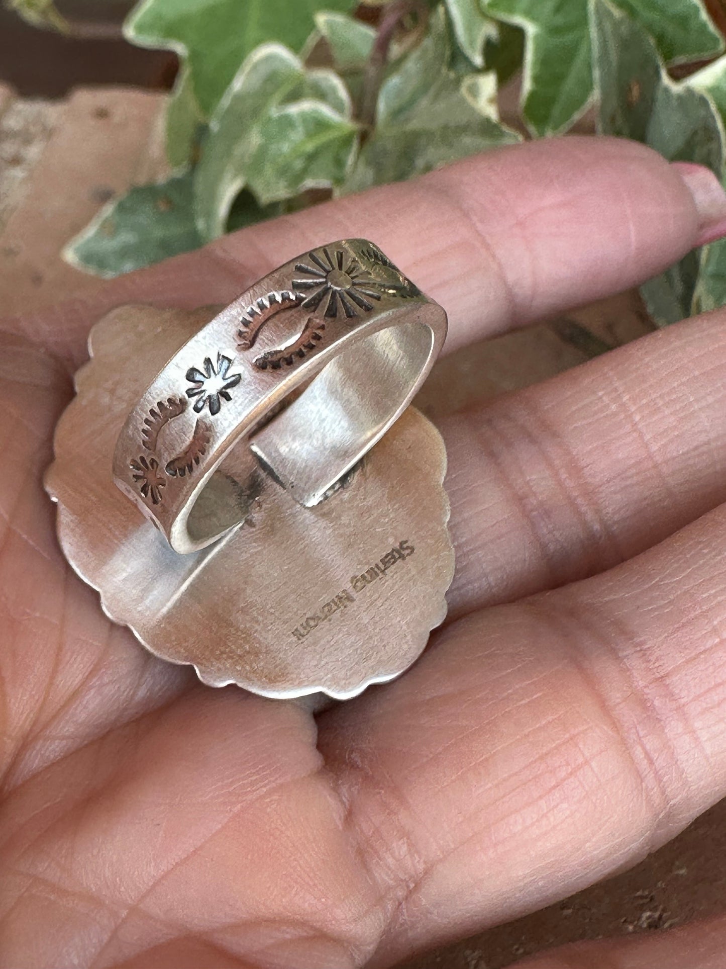 Handmade Sterling Silver White Buffalo Saguaro Cactus Adjustable Ring