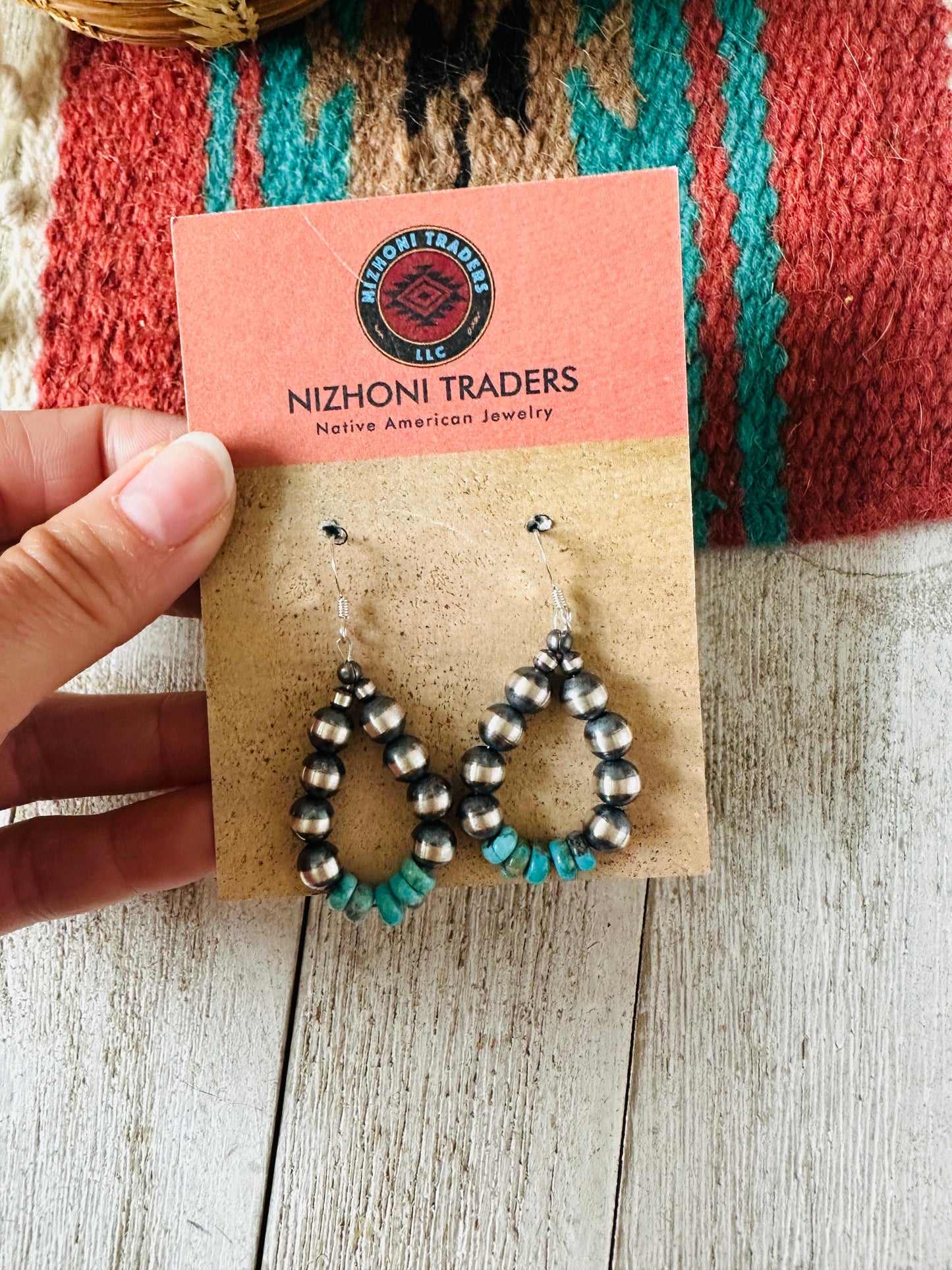 Navajo Turquoise & Sterling Silver Pearl Dangle Hoop Earrings