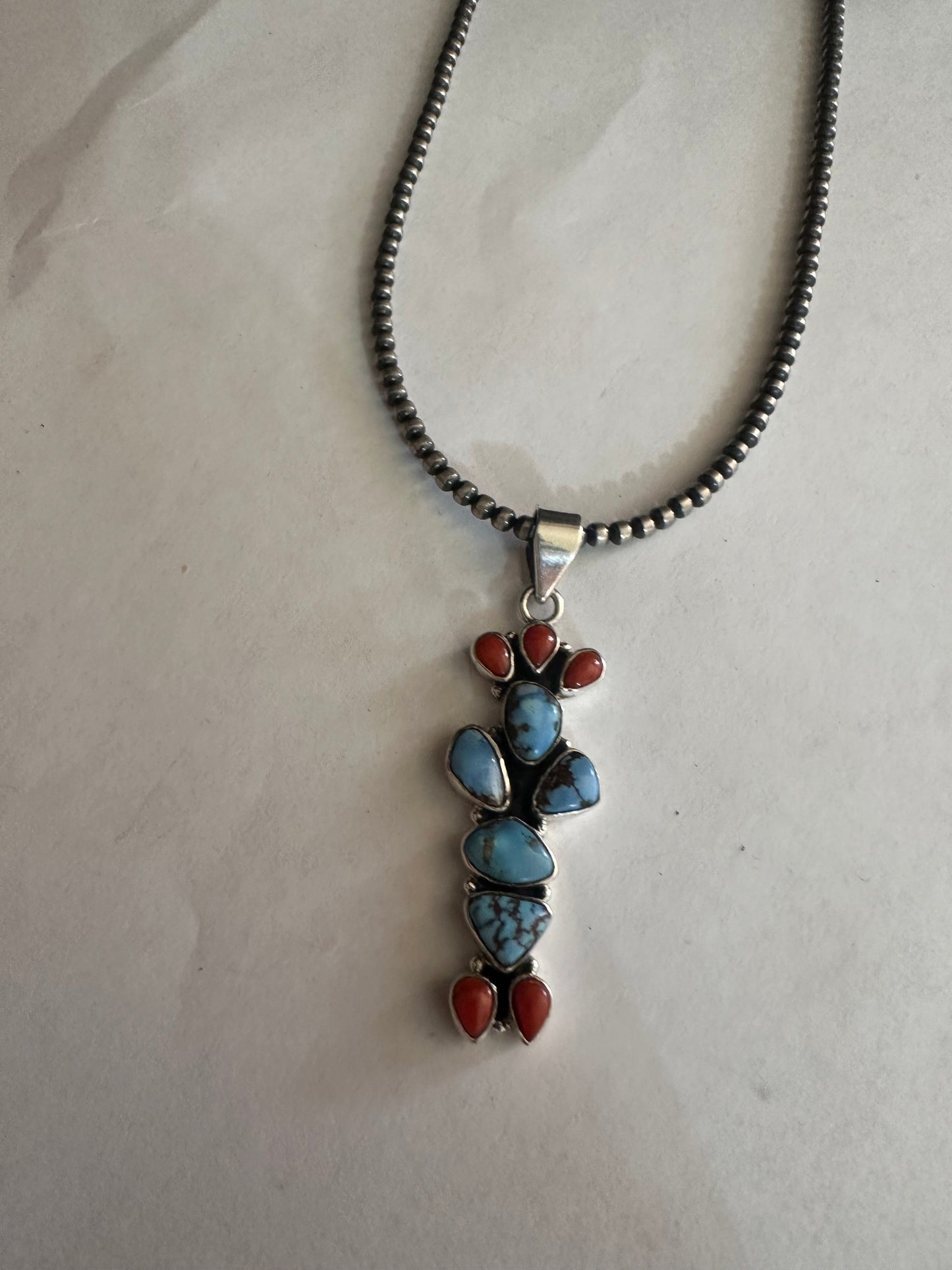 Handmade Sterling Silver, Natural Coral & Golden Hills Turquoise Cactus Pendant Signed Nizhoni