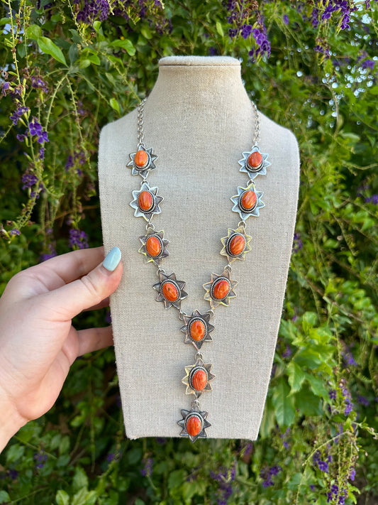 Beautiful Handmade Sterling Silver & Orange Spiny Lariat Necklace