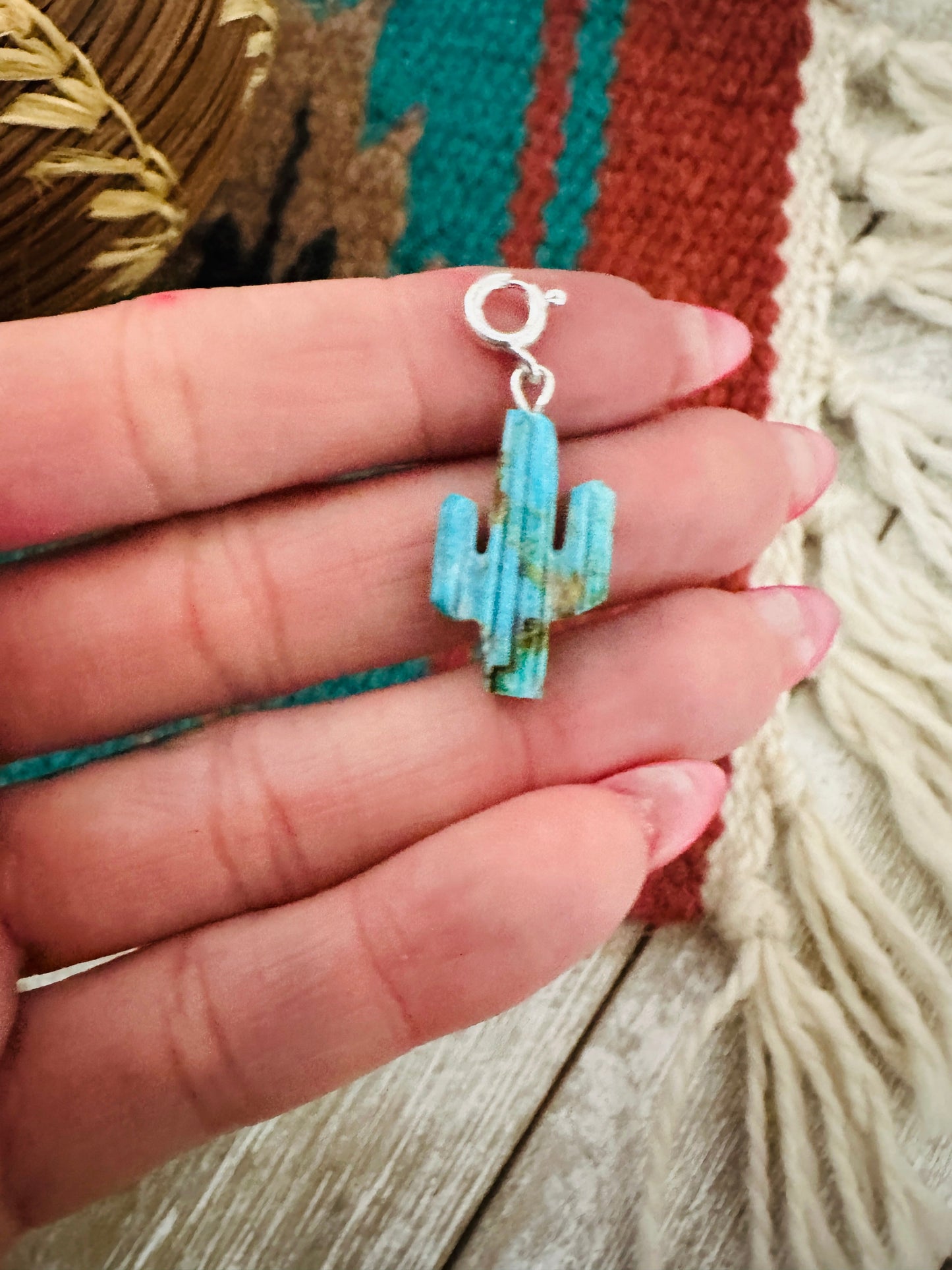 Navajo Hand Carved Turquoise Saguaro Cactus Charm