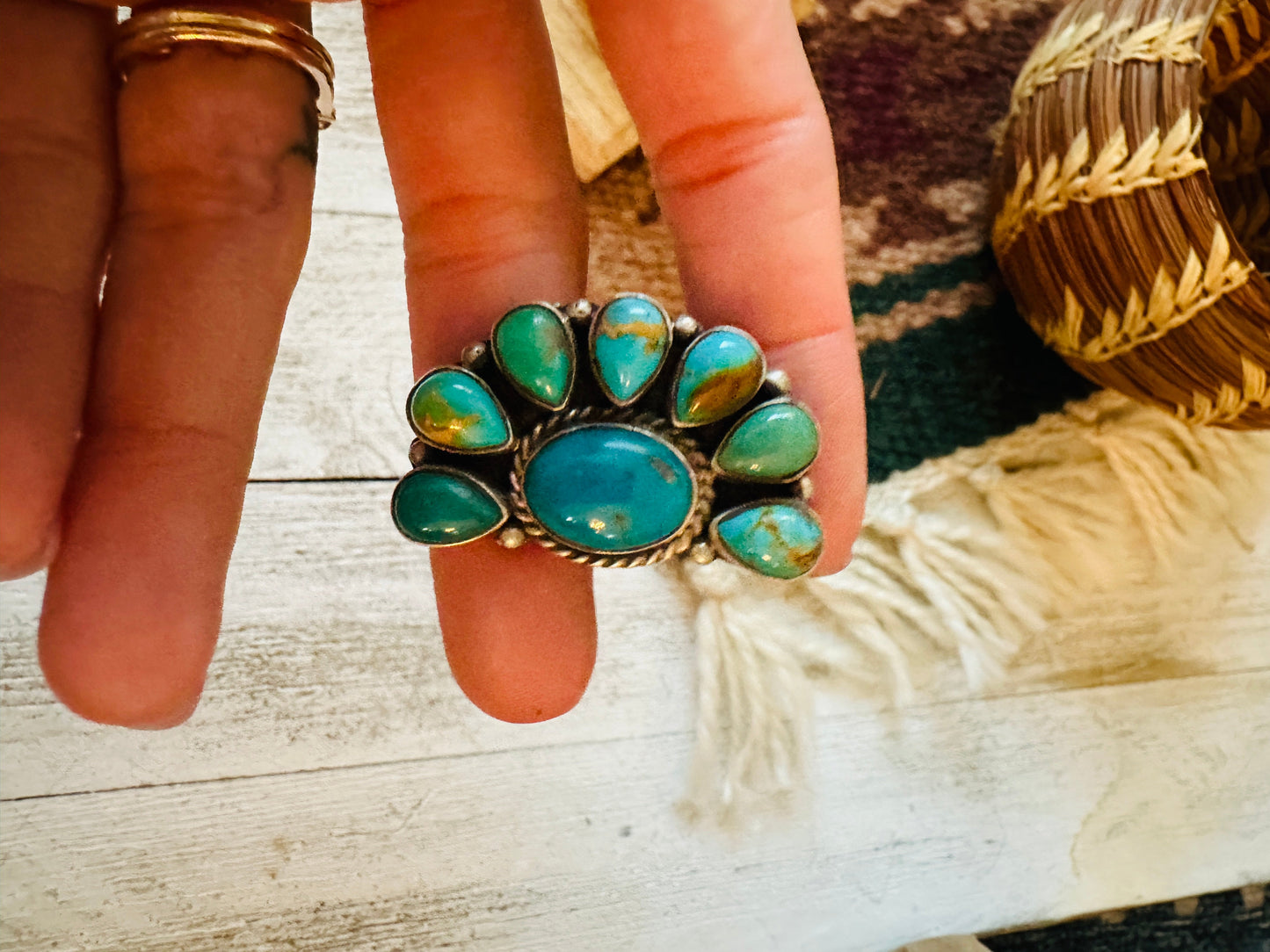 Navajo Turquoise & Sterling Silver Cluster Adjustable Ring