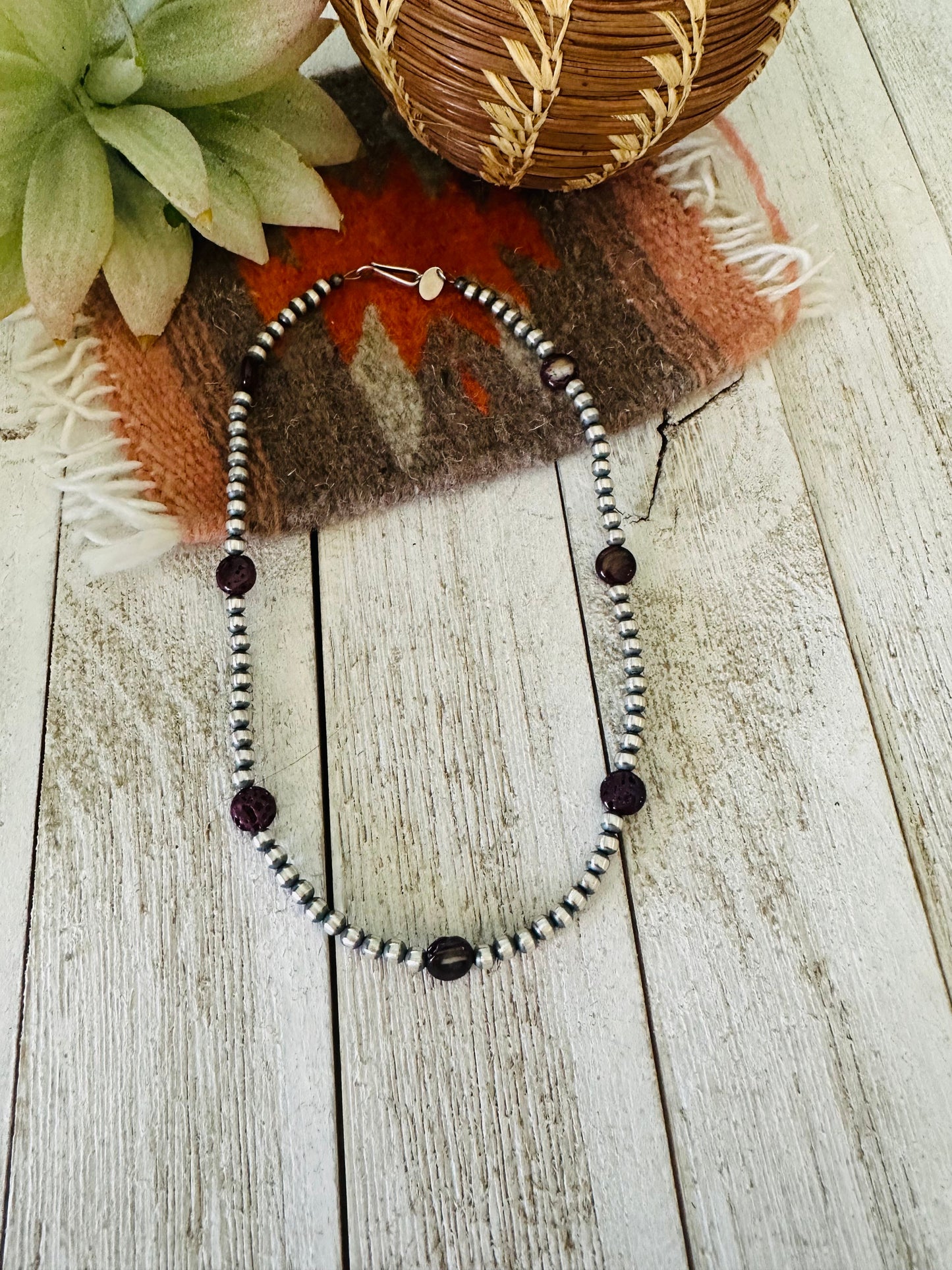 Navajo Purple Spiny & Sterling Silver Pearl Beaded 14” Necklace