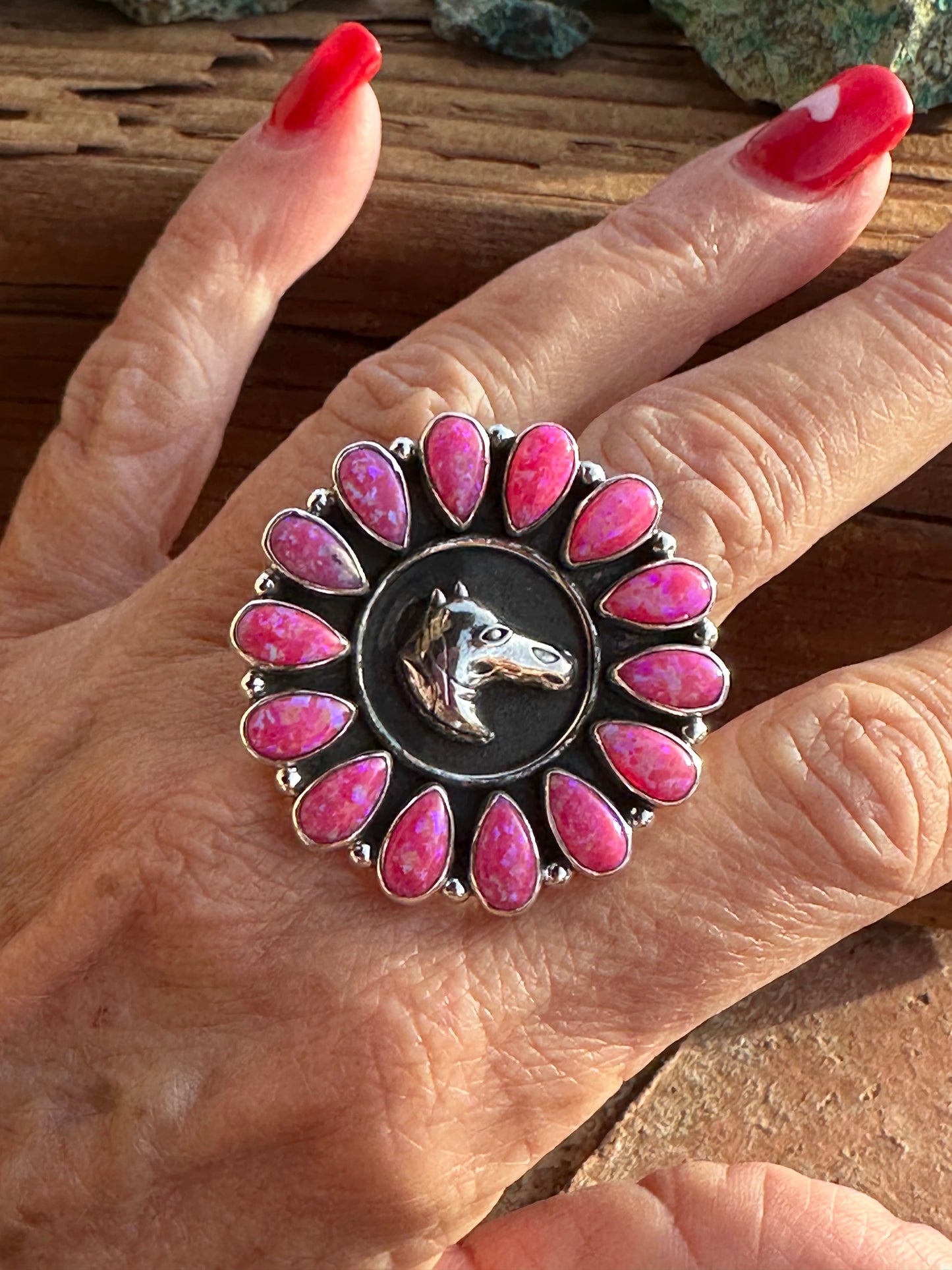 Beautiful Handmade Hot Pink Fire Opal And Sterling Silver Adjustable Horse  Ring