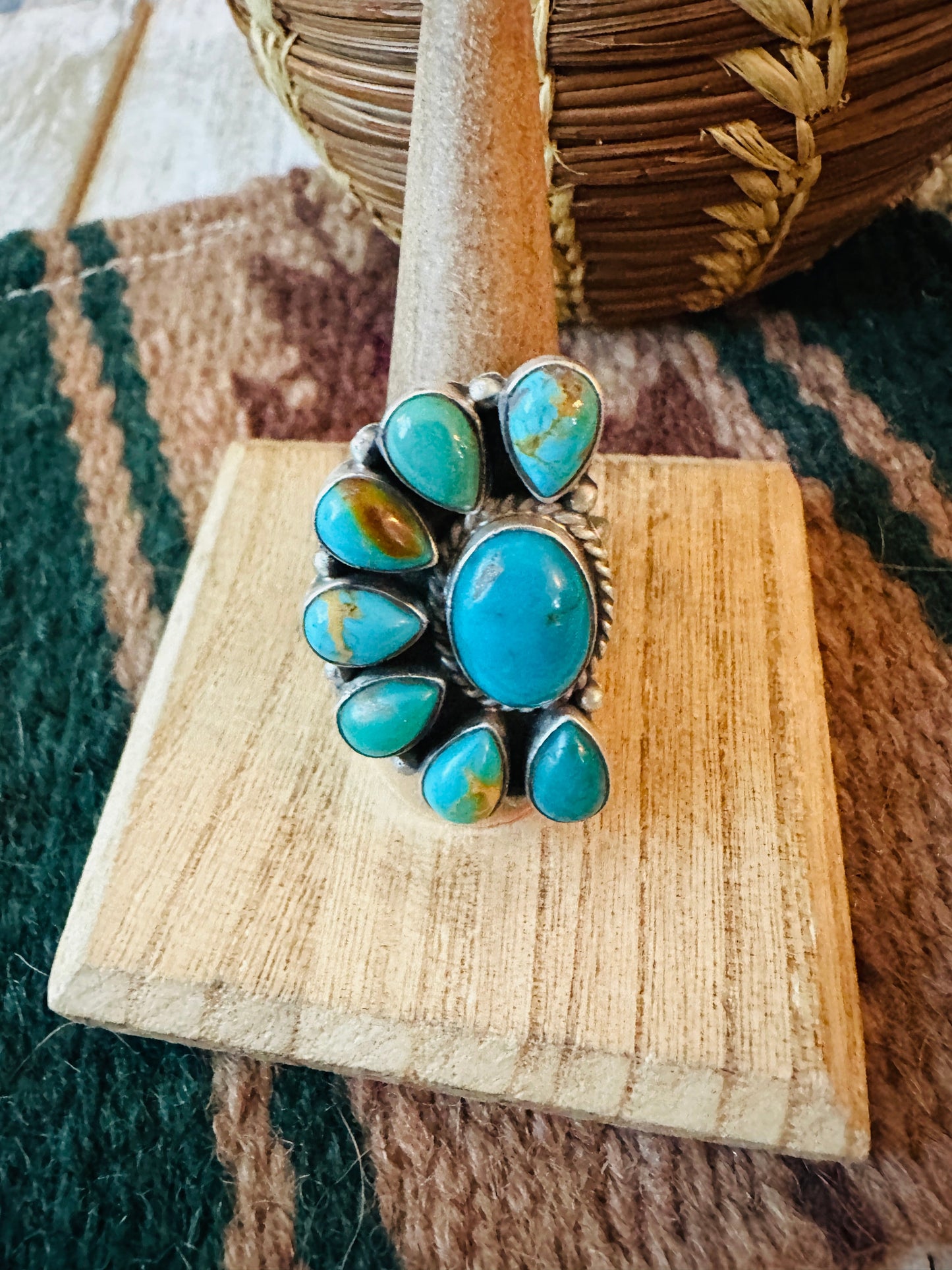 Navajo Turquoise & Sterling Silver Cluster Adjustable Ring