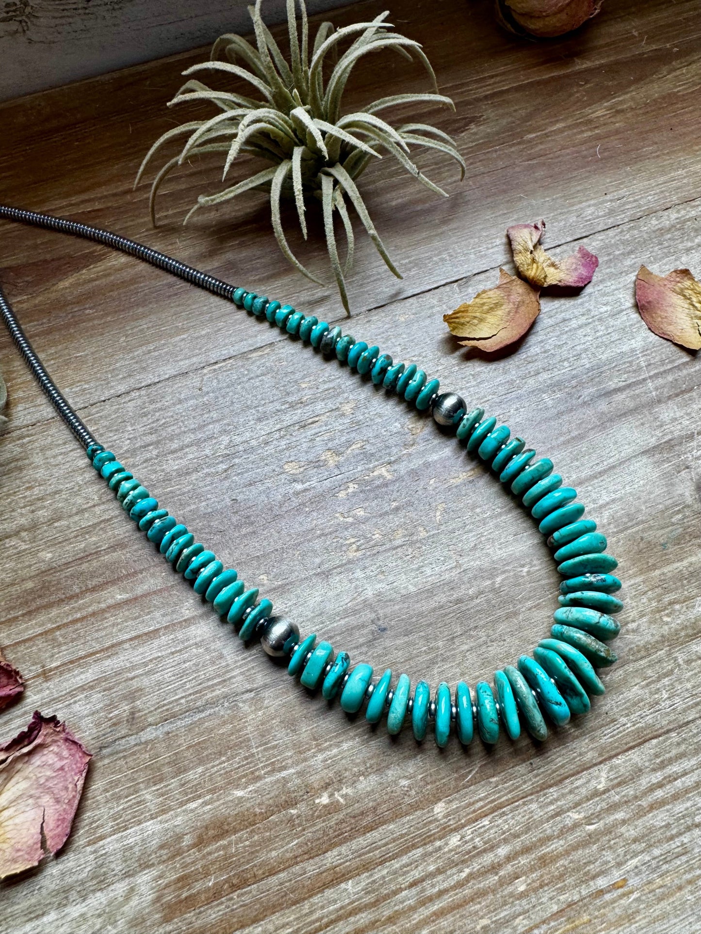 22 inch Graduated Green/Blue necklace with Sterling silver pearls