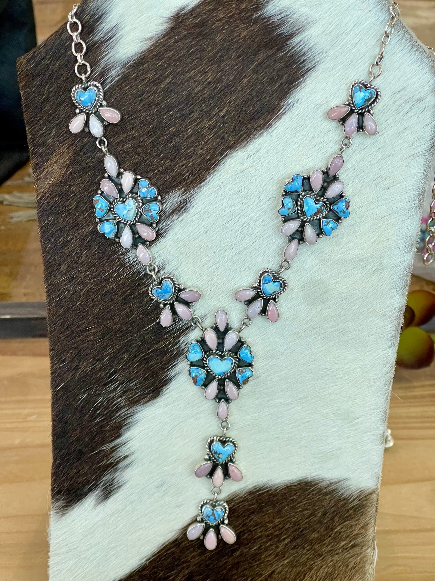 Beautiful Handmade Sterling Silver Golden Hills Turquoise Pink Opal Necklace Set