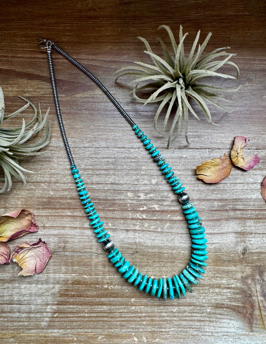 22 inch Graduated Green/Blue necklace with Sterling silver pearls
