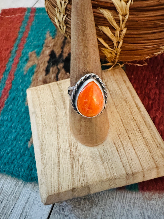 Navajo Orange Spiny Oyster & Sterling Silver Teardrop Ring