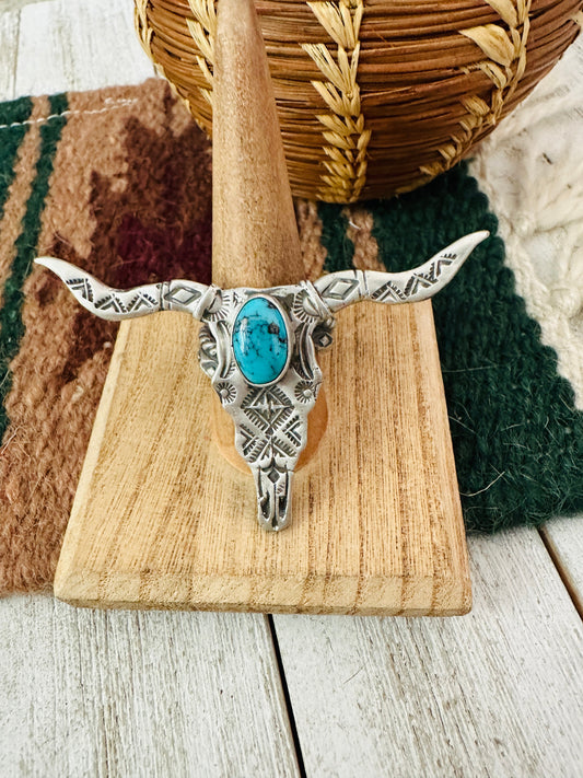 Navajo Sonoran Turquoise & Sterling Silver Bullhead Adjustable Ring