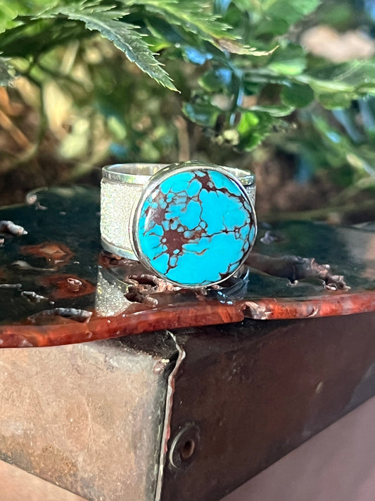 Native Made Sterling Silver Wide Shank Ring with Egyptian Turquoise by Shaun Rogers, Size 10.75