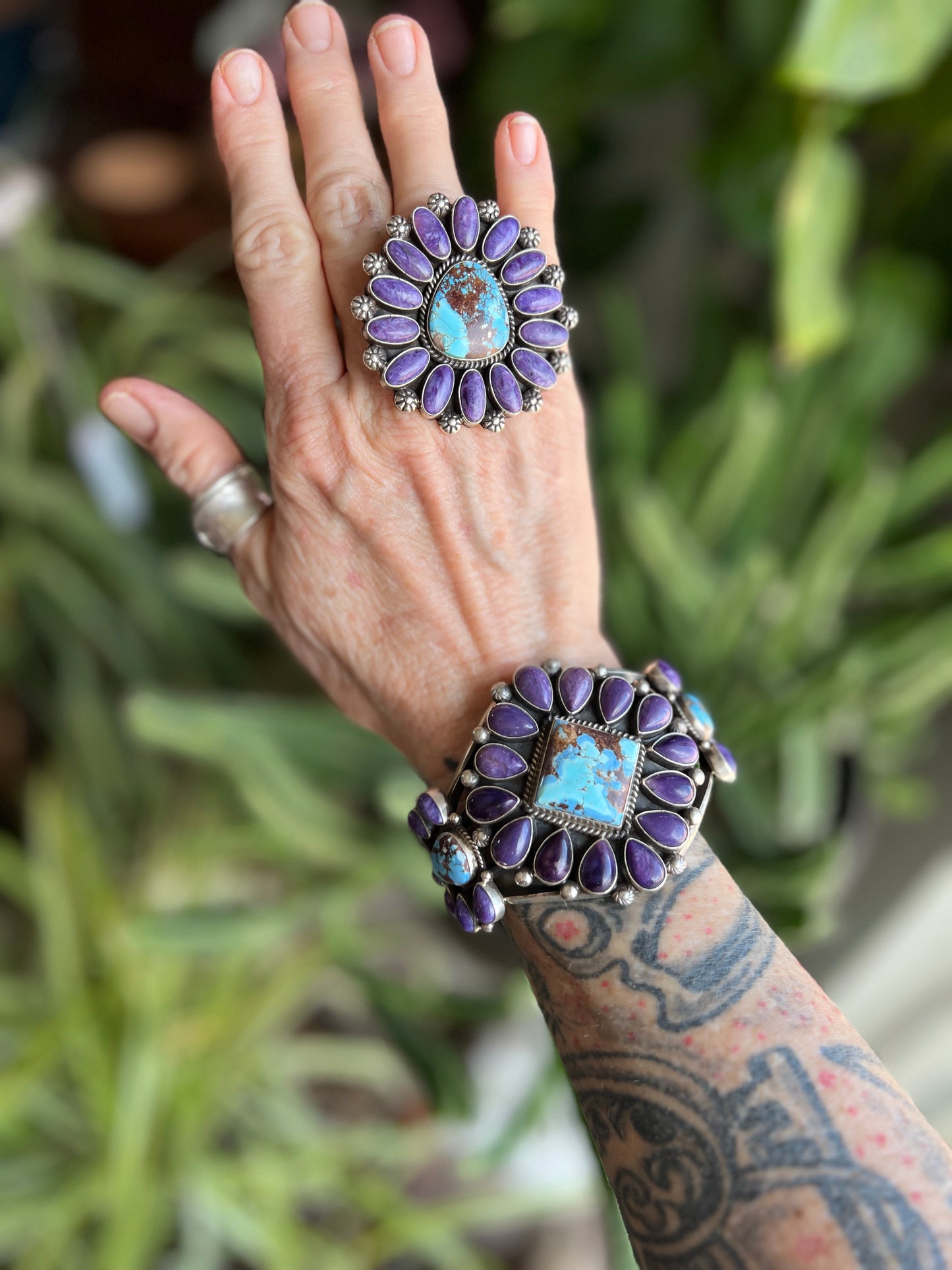 Navajo Sterling Silver, Charoite and Golden Hills Turquoise Cluster Cuff Bracelet by Tyler Brown