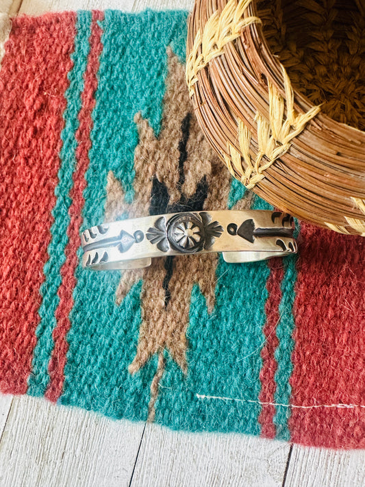 Navajo Hand Stamped Sterling Silver Arrow Concho Cuff Bracelet