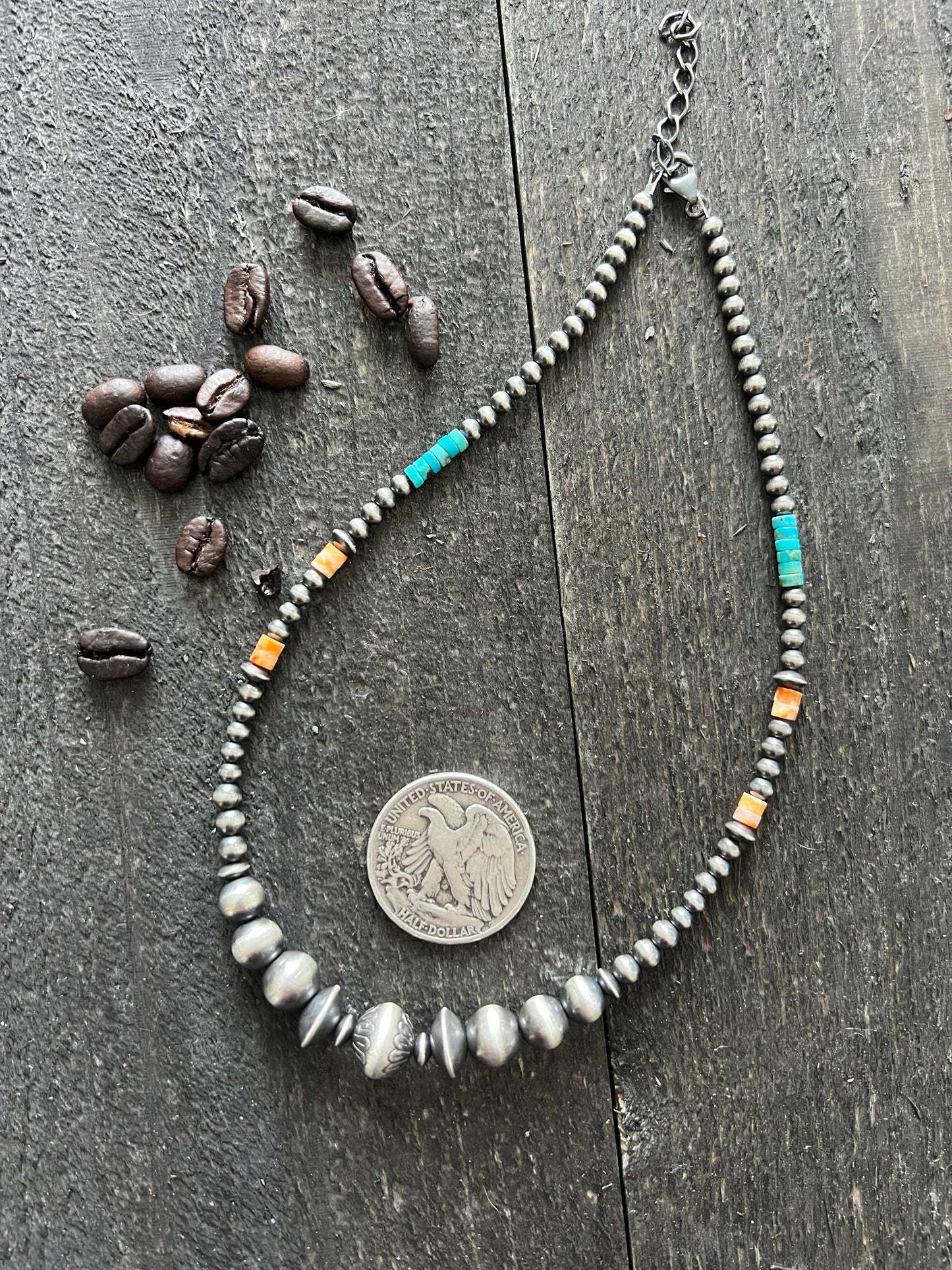 Summer Lovin’ Navajo Beaded Layering Necklace with Sterling Silver, Spiny Oyster Shell and Turquoise, 16” + 2”, The Flower Child