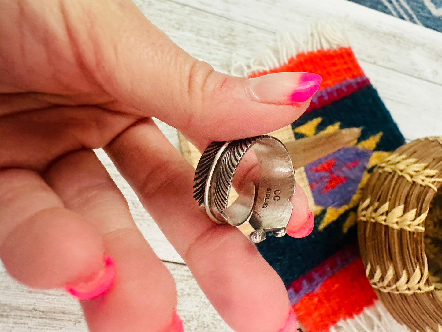 Navajo Sterling Silver & Turquoise Adjustable Feather Ring