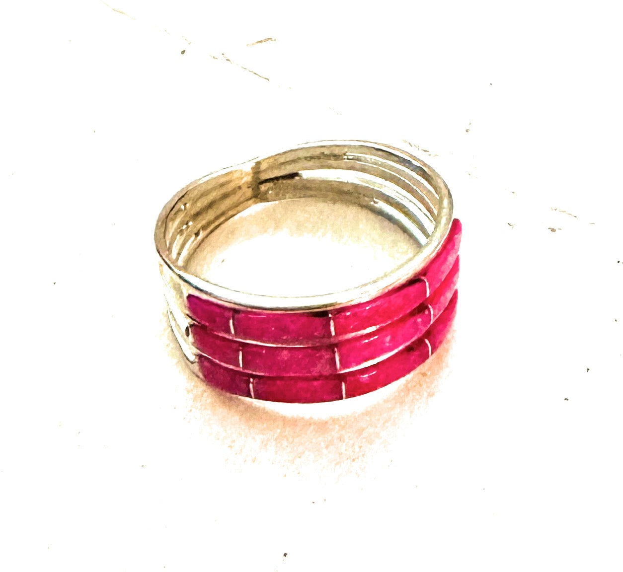 Navajo Sterling Silver & Pink Opal Inlay 3 Row Band Ring