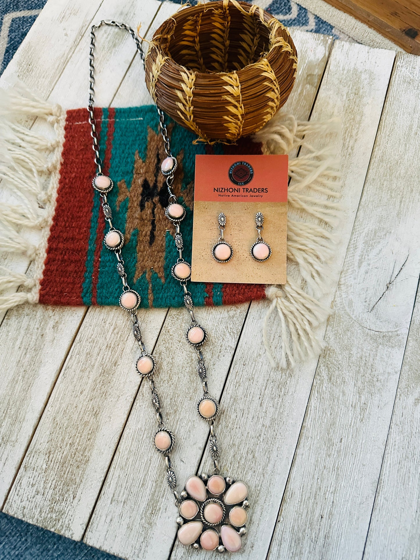 Navajo Queen Pink Conch & Sterling Silver Cluster Necklace Set
