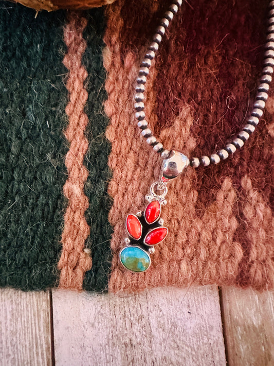 ** Christmas Collection ** Handmade Sterling Silver, Coral & Turquoise Pendant Signed Nizhoni