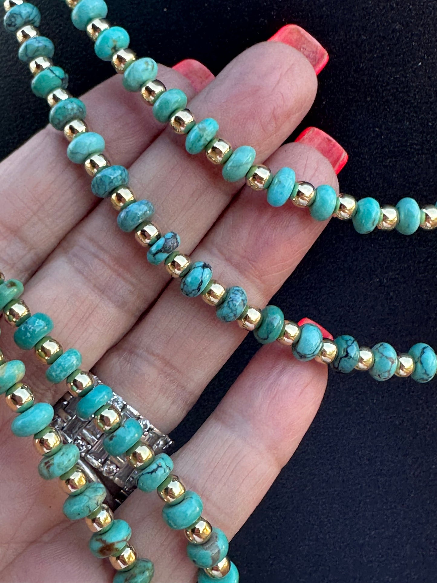 Gilded Sky Navajo Turquoise, Gold & Sterling Silver Beaded Necklace and Bracelets