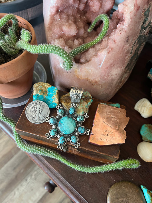 Apache Hubei Turquoise Sunburst Pendant by Rosella Paxson