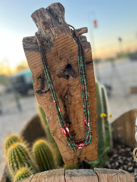 Stunning Navajo Made Five Strand Hubei Turquoise and Spiny Oyster Shell Beaded Necklace with Squaw Wrap