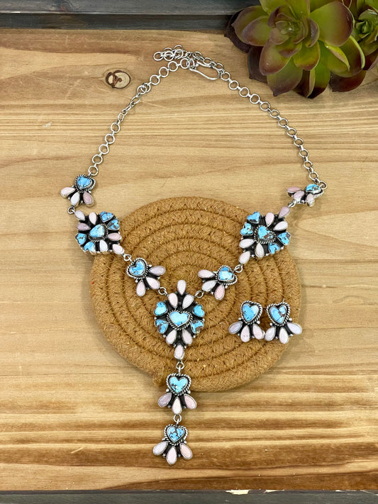 Beautiful Handmade Sterling Silver Golden Hills Turquoise Pink Opal Necklace Set
