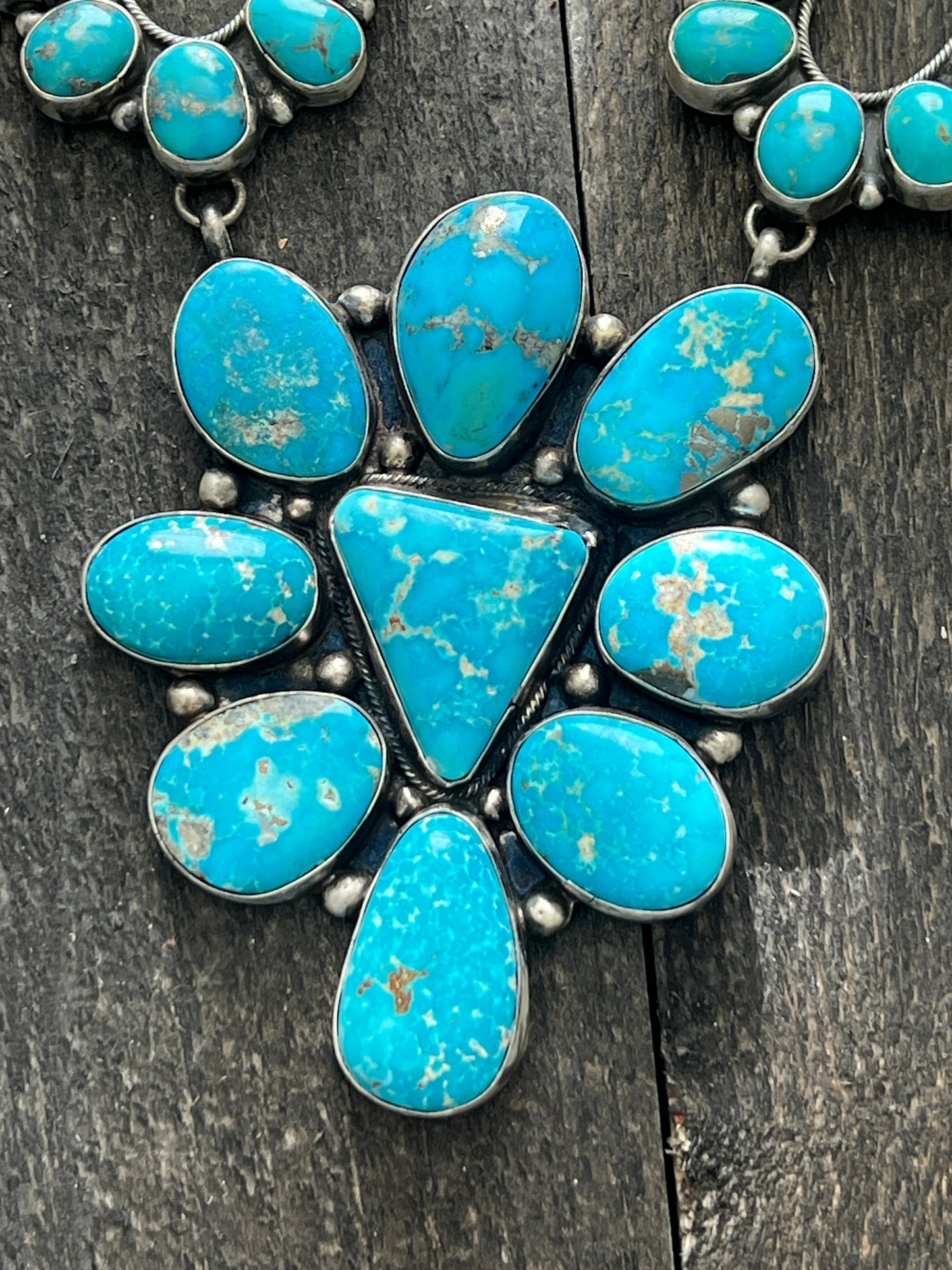 Navajo Sterling Silver and Whitewater Campitos Turquoise Cluster Necklace and Earring Set by Sheila Becenti