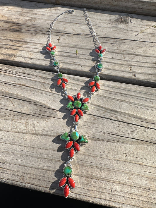Beautiful Handmade Sterling Silver, Coral & Sonoran Turquoise Lariat Necklace