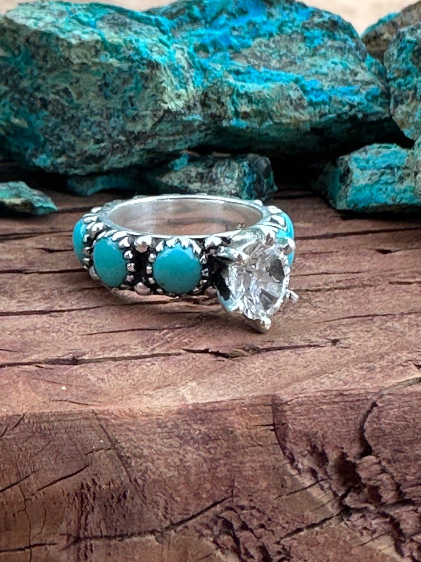 Kingman Turquoise & White Topaz Sterling Silver Forever Ring