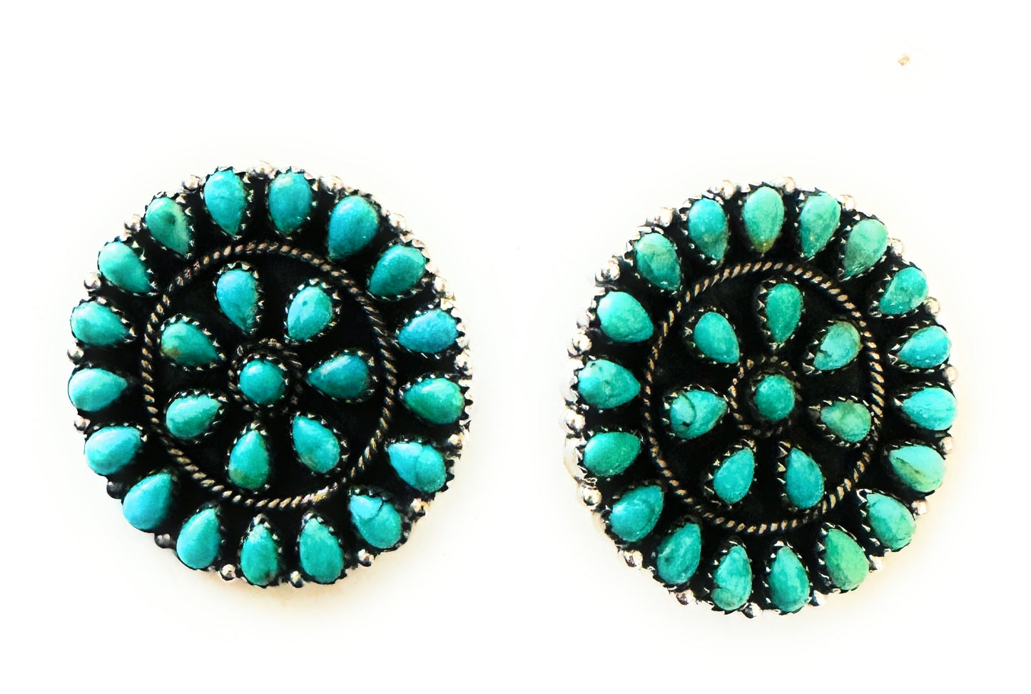 Handmade Turquoise & Sterling Silver Cluster Post Earrings Signed Nizhoni 1.5”