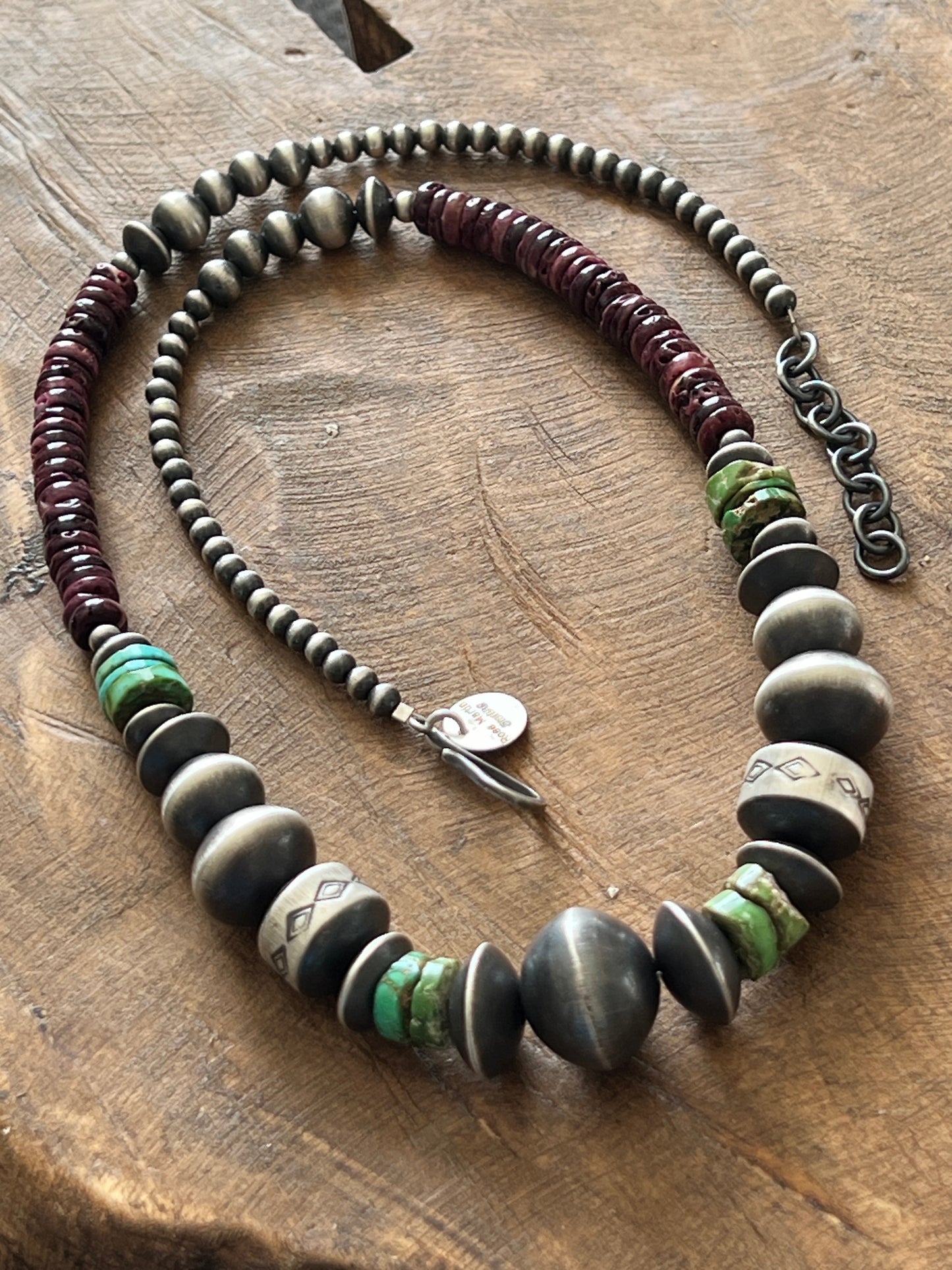 Navajo Made Electric Rainbow Sterling Silver, Turquoise and Spiny Oyster Single Strand Beaded Necklace by Rose Martin, 22 + 2 Inches