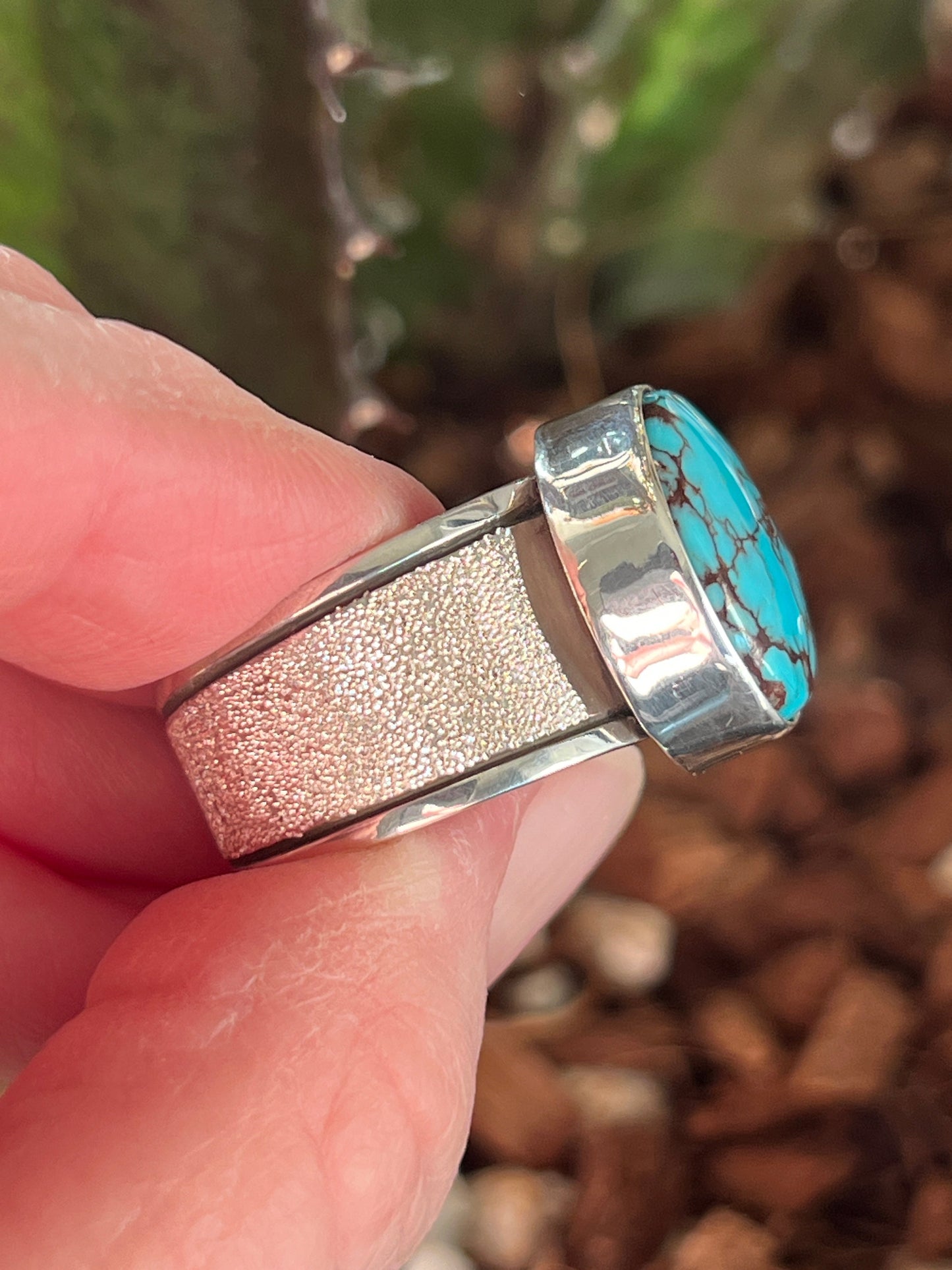 Native Made Sterling Silver Wide Shank Ring with Egyptian Turquoise by Shaun Rogers, Size 10.75