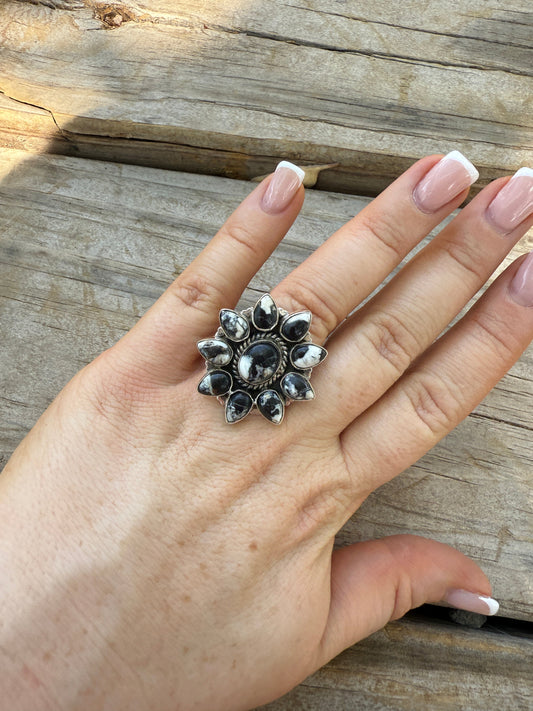 Handmade White Buffalo & Sterling Adjustable Cluster Ring