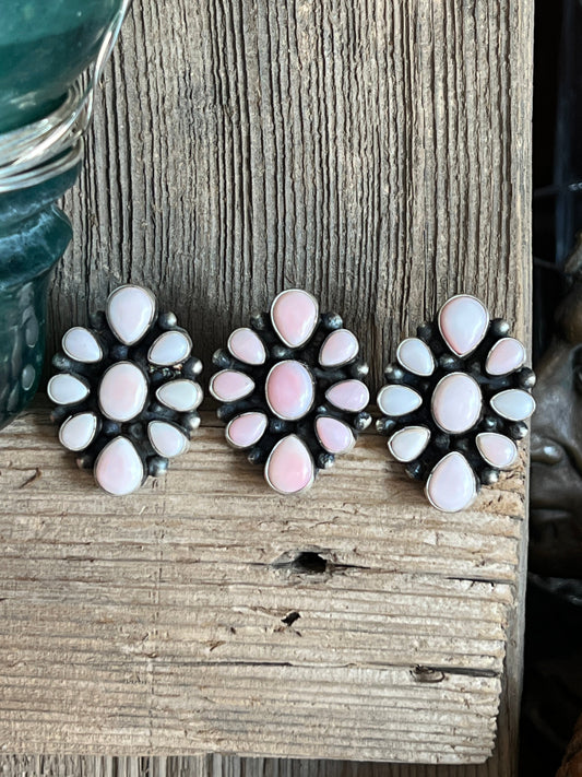 Navajo Sterling Silver and Queen Pink Conch Shell Cluster Ring by Travis Jim