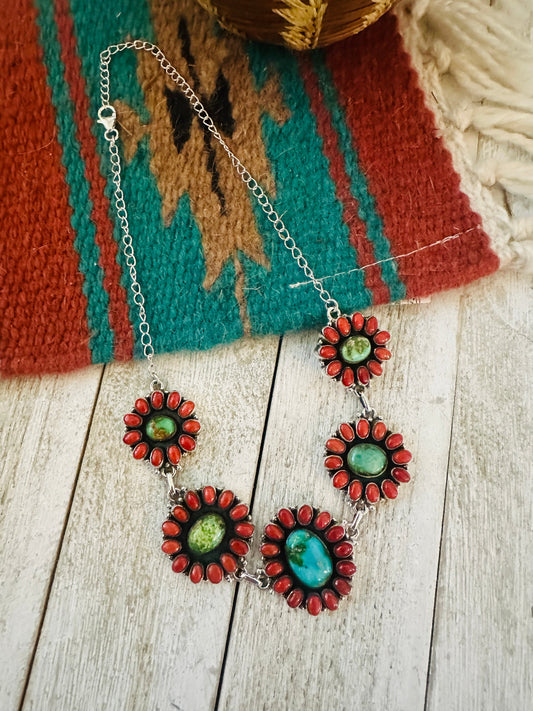 ** Christmas Collection ** Handmade Sterling Silver, Turquoise & Coral Necklace Signed Nizhoni