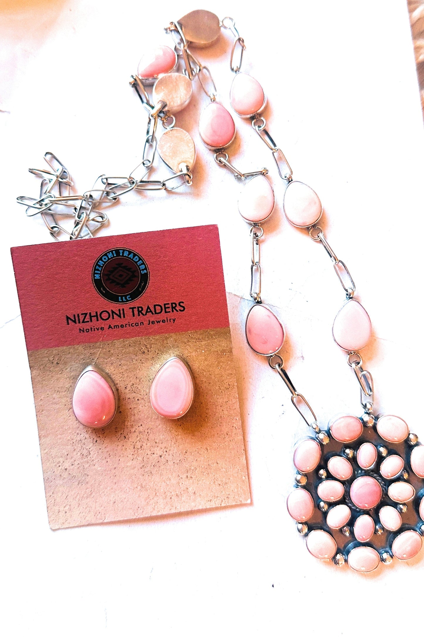 Navajo Queen Pink Conch & Sterling Silver Cluster Necklace Set