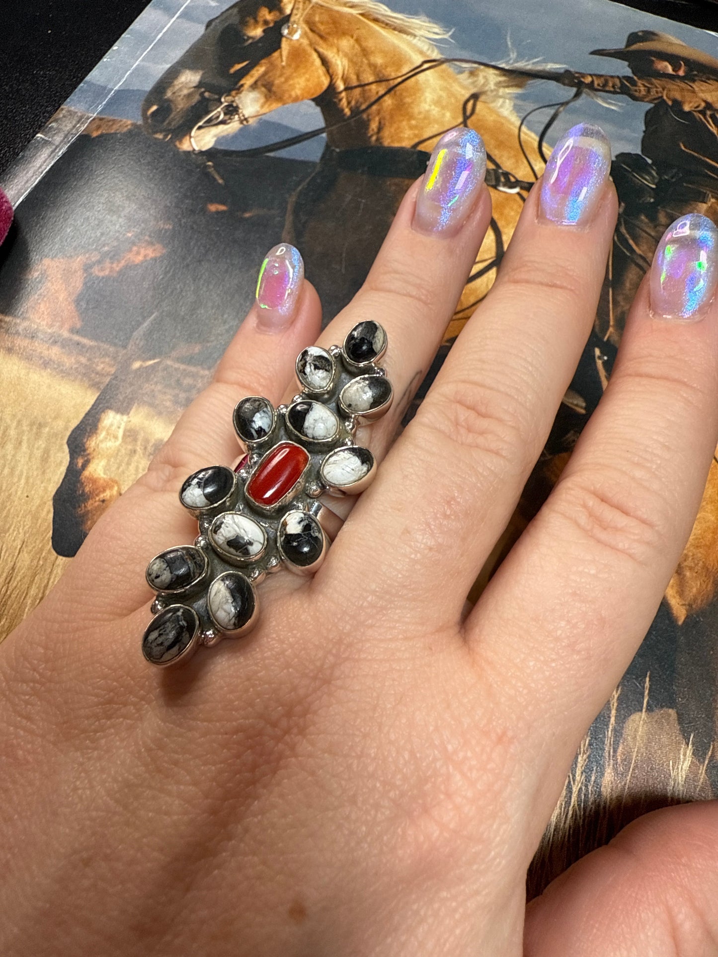 Handmade Coral, White Buffalo & Sterling Silver Adjustable Ring Signed Nizhoni