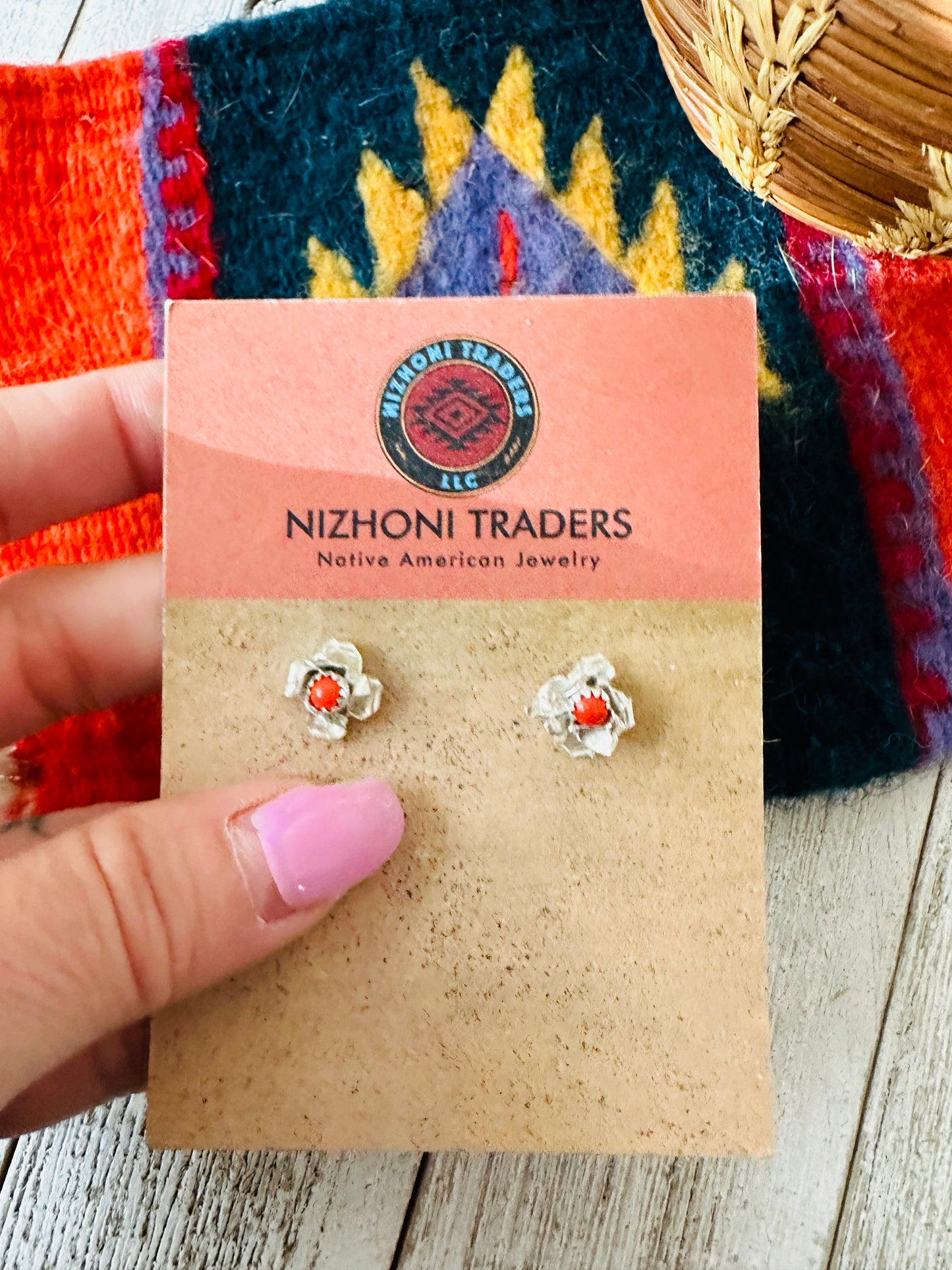 Navajo Coral and Sterling Silver Flower Stud Earrings