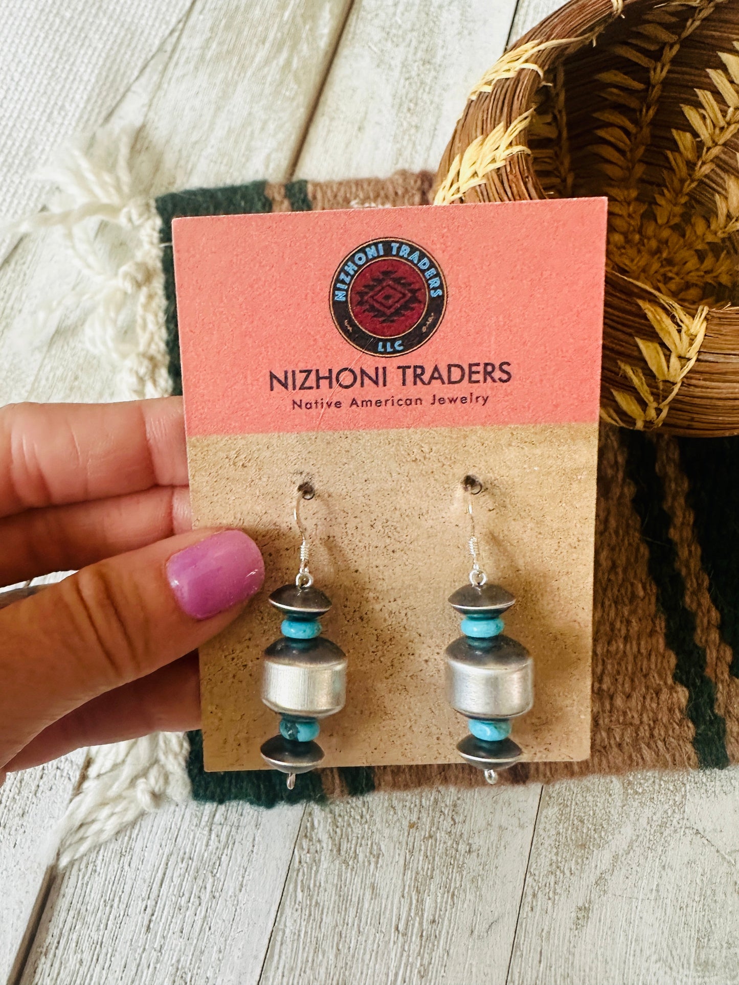 Navajo Turquoise & Sterling Silver Beaded Dangle Earrings