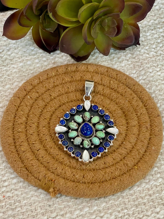 ** 4TH OF JULY ** Handmade Sterling Silver, Lapis & Royston Cluster Pendant with Signed Nizhoni