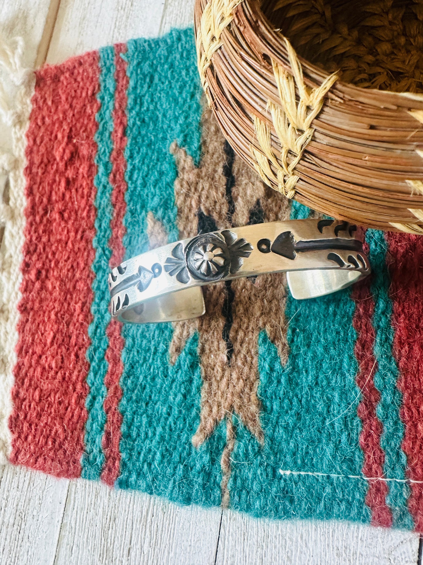 Navajo Hand Stamped Sterling Silver Arrow Concho Cuff Bracelet