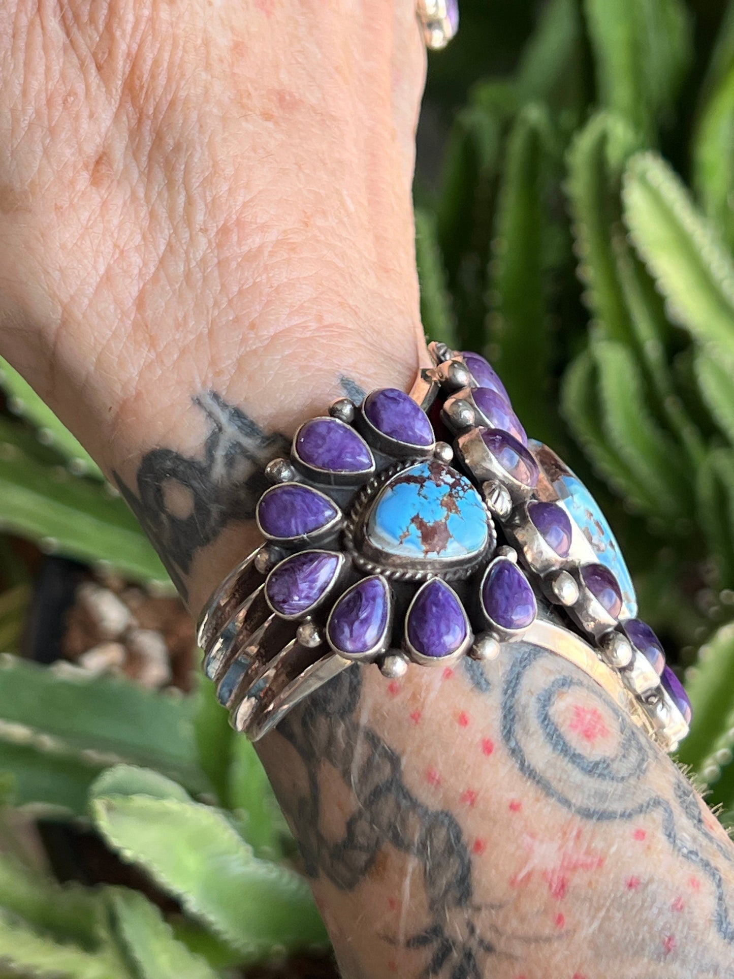 Navajo Sterling Silver, Charoite and Golden Hills Turquoise Cluster Cuff Bracelet by Tyler Brown
