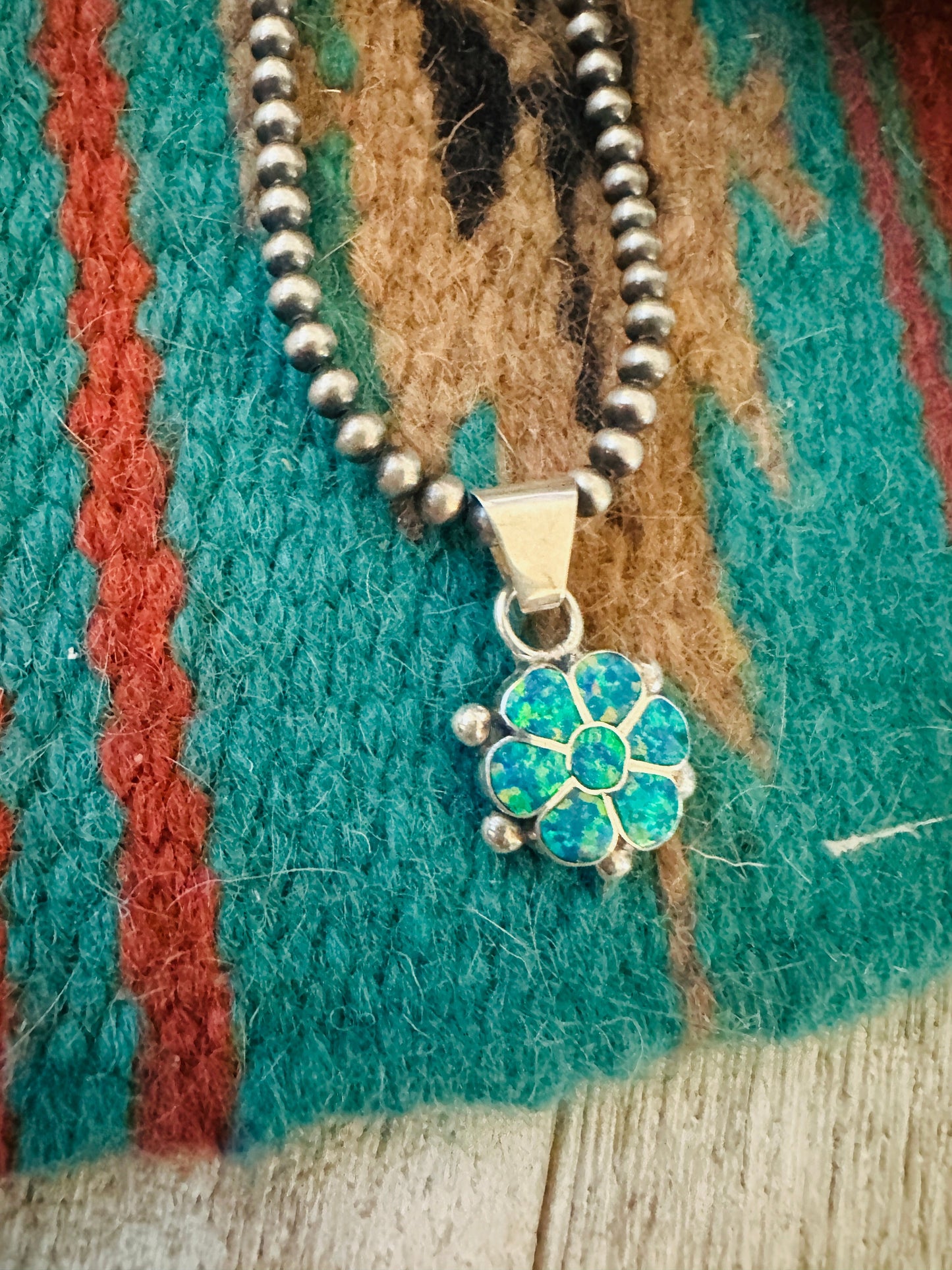 Zuni Blue Opal & Sterling Silver Inlay Flower Pendant