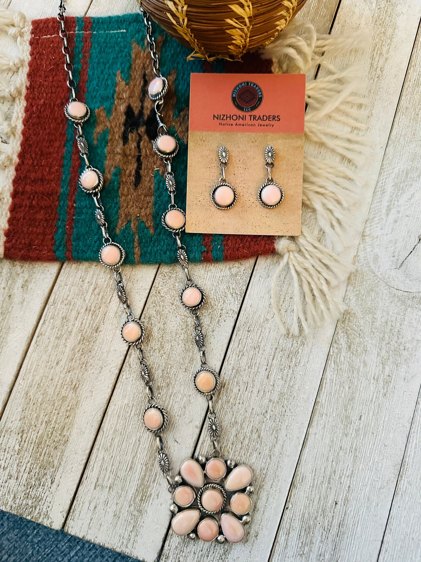 Navajo Queen Pink Conch & Sterling Silver Cluster Necklace Set