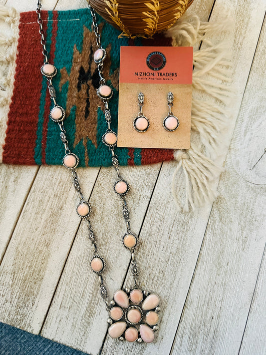 Navajo Queen Pink Conch & Sterling Silver Cluster Necklace Set