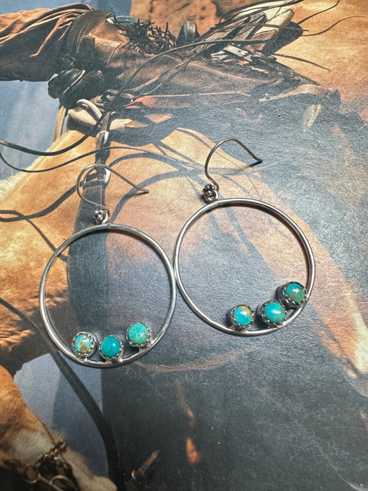 Handmade Turquoise & Sterling Silver 3 Stone Hoop Earrings Signed Nizhoni