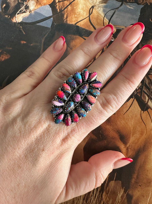 THE SILVERTON Beautiful Handmade Pink Dream Mojave And Sterling Silver Adjustable Cluster Ring