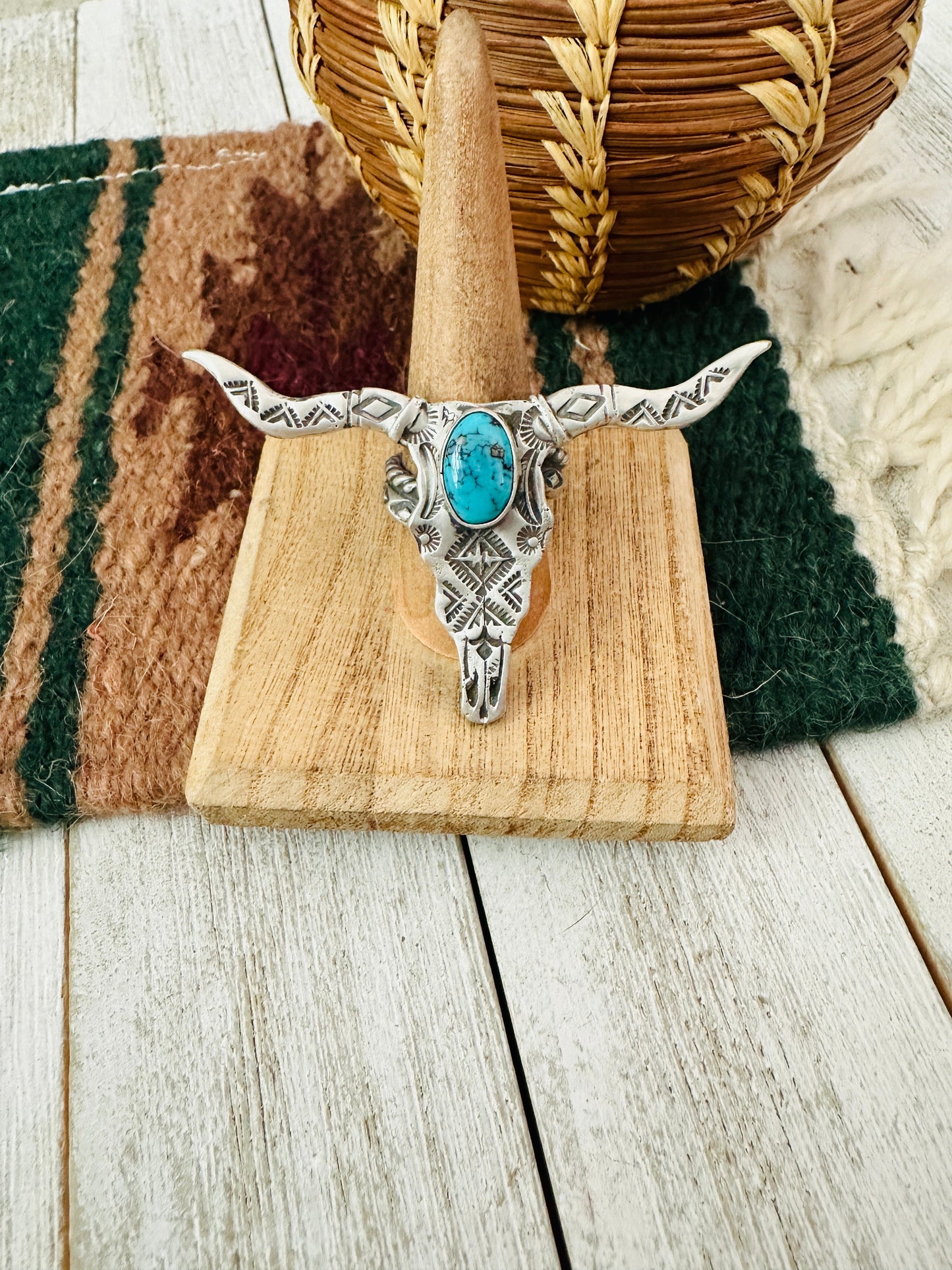 Navajo Sonoran Turquoise & Sterling Silver Bullhead Adjustable Ring