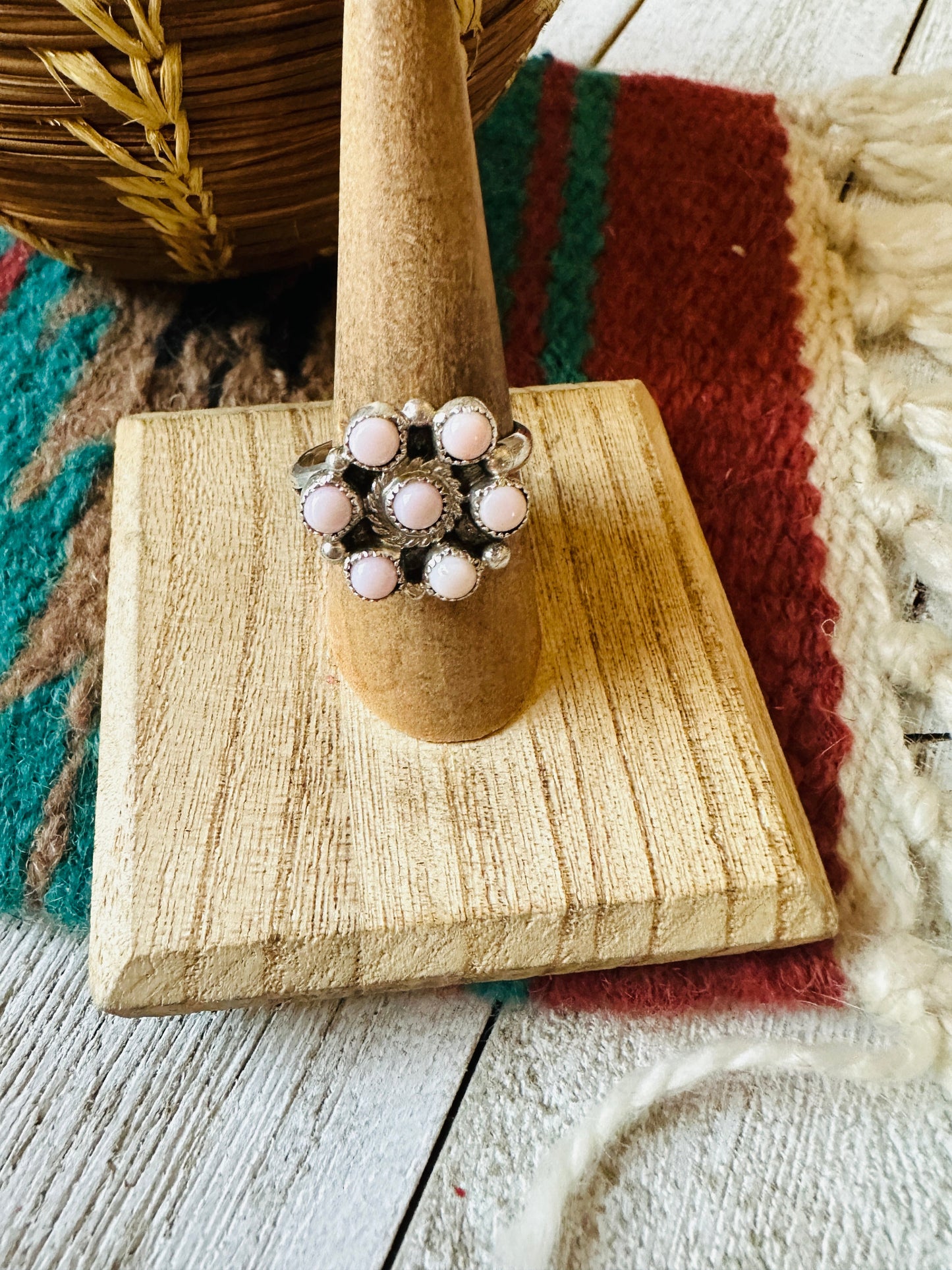 Navajo Sterling Silver & Queen Pink Conch Cluster Adjustable Ring