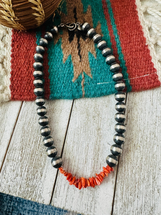 Navajo Sterling Silver Pearl & Spiny Beaded Necklace